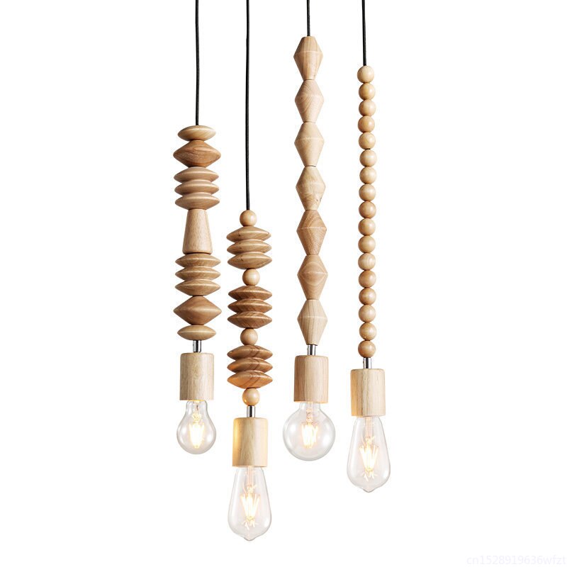 Pendant Light Retro Wooden Geometric Beads String Hanging Wood Pendant Lights