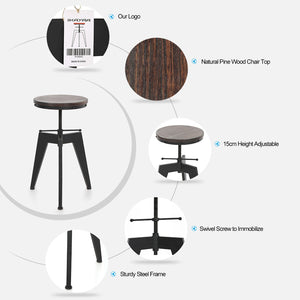 Round Chair Bar Stool Natural Pine Wood Top Swivel Dining Sitting Chair Adjustable Style