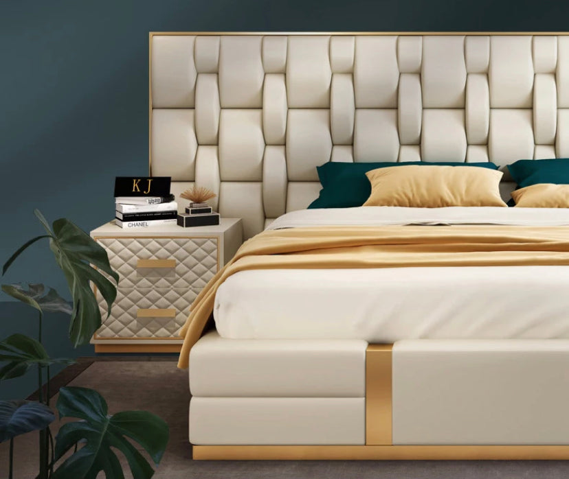 King Size Bed Modern Italian Designs Bedroom Furniture Upholstered Woven Pattern Leather Bett