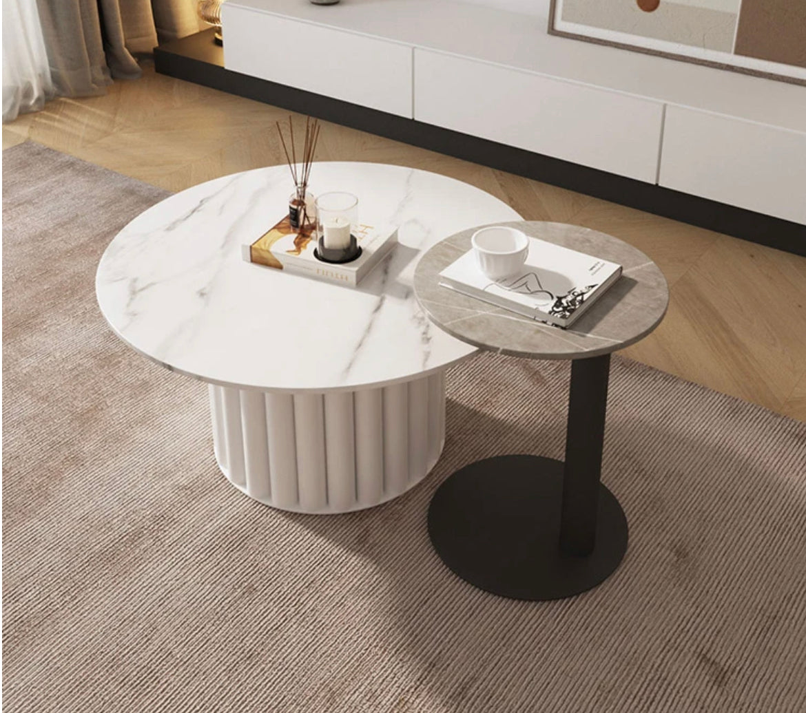 Coffee Table Set Design Slate Board Marble Top Round Shaped Side Table