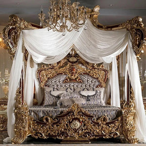 Bedroom Furniture Classic Antique Hand Made King Canopy Bed Set Luxury Design Wooden Furniture