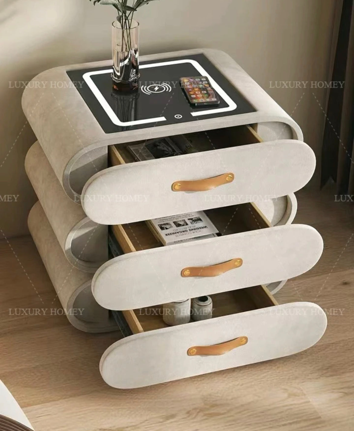 Nightstand Modern Charging Rotating Solid Eood Smart Bedside Table Light Luxury Bedside Cabinets