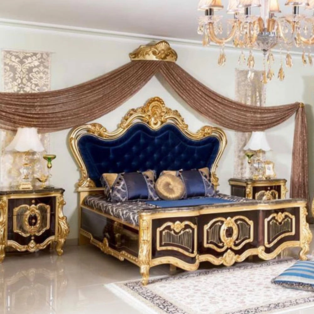 Bedroom Furniture Classical European Baroque Style Furniture Antique Royal Velvet Headboard Gold Leaf King Size Bedroom Set
