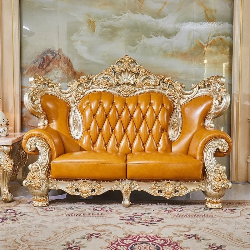 3+2+1 Sofa Set Living Room Furniture Gold Frame Leather Baroque Design Sofa Set