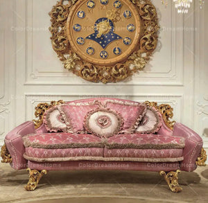 Exclusive Sectional Sofa Units Italian Luxury Carved Living Room Furniture Pink Solid Wood Baroque Design Sofa Set