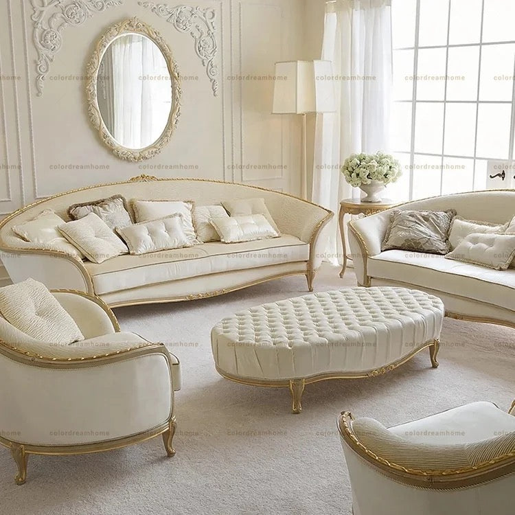 3+2+1 Sofa Set Gold Painted Birch Wood White Sofa Baroque Designs 7 Seater Solid Wood Living Room Furniture