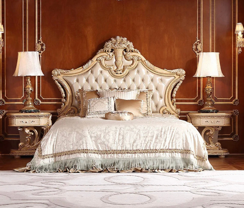 Luxury Bedroom King Size Solid Wood Leather Bed Baroque French Arabic Royal Design Bedroom Furniture Set