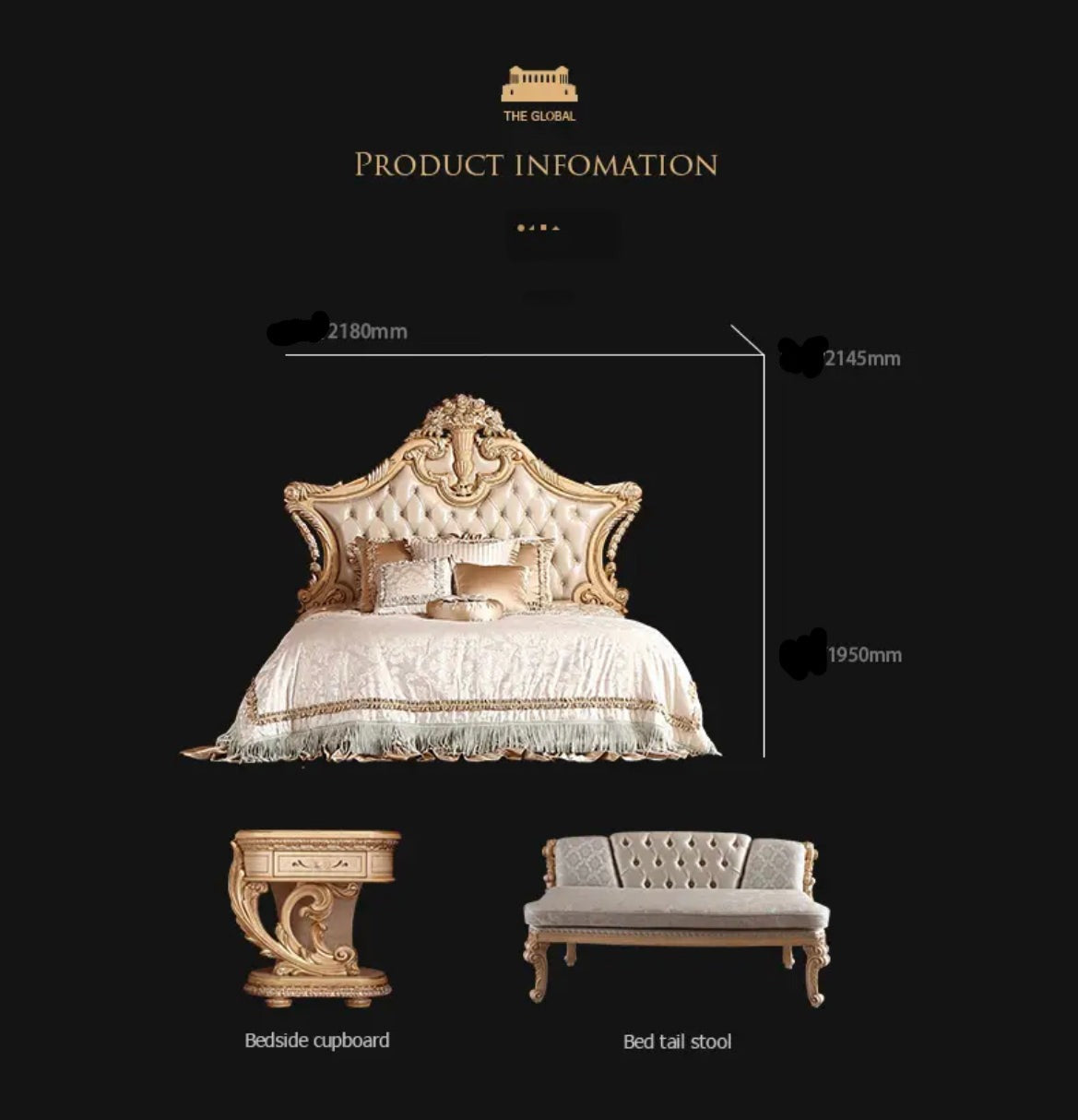 Luxury Bedroom King Size Solid Wood Leather Bed Baroque French Arabic Royal Design Bedroom Furniture Set