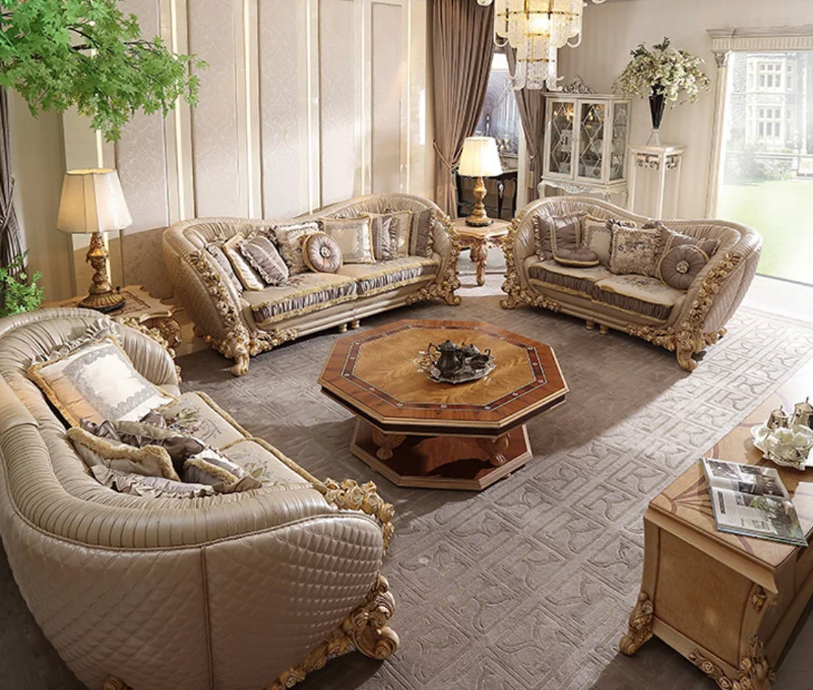 Exclusive Living Room Furniture French Style Home Hotel Baroque Wooden Sectional Luxury Leather Sofa Set