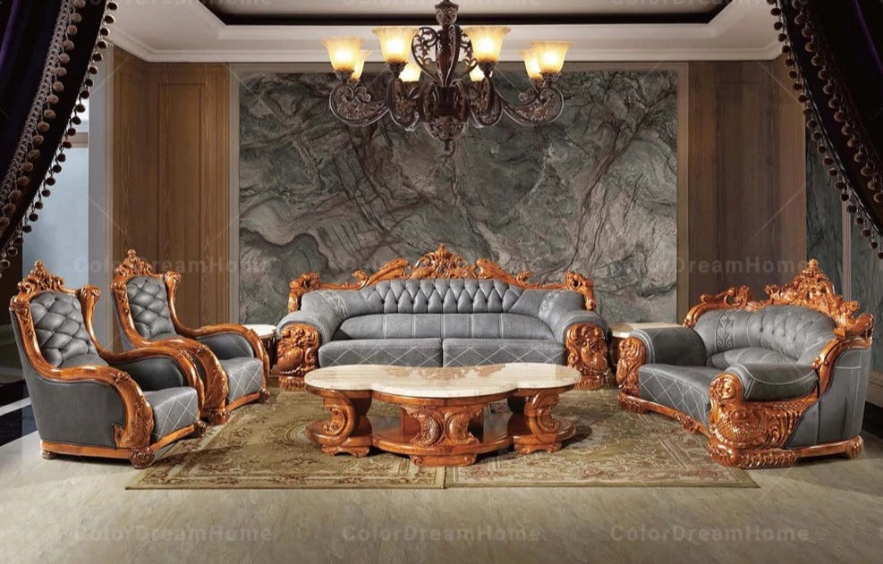 4+2+1 Sofa Ebony Sectional Luxury Grain Leather Furniture Living Room Baroque Sofa Set