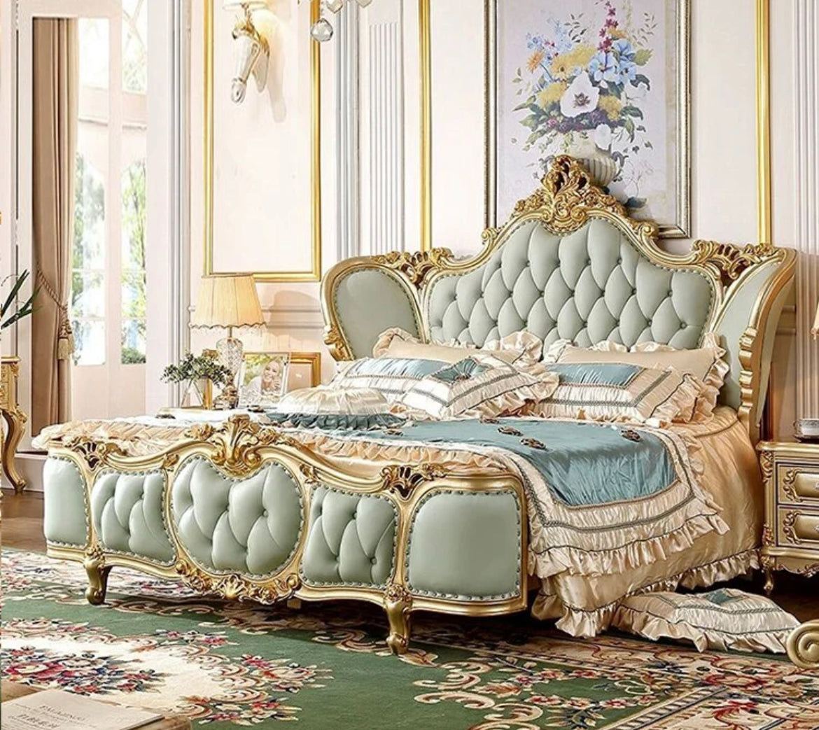 Queen Size Bed High Gloss Champagne Foil Luxury Home Furniture Barowue Design Bedroom Furniture