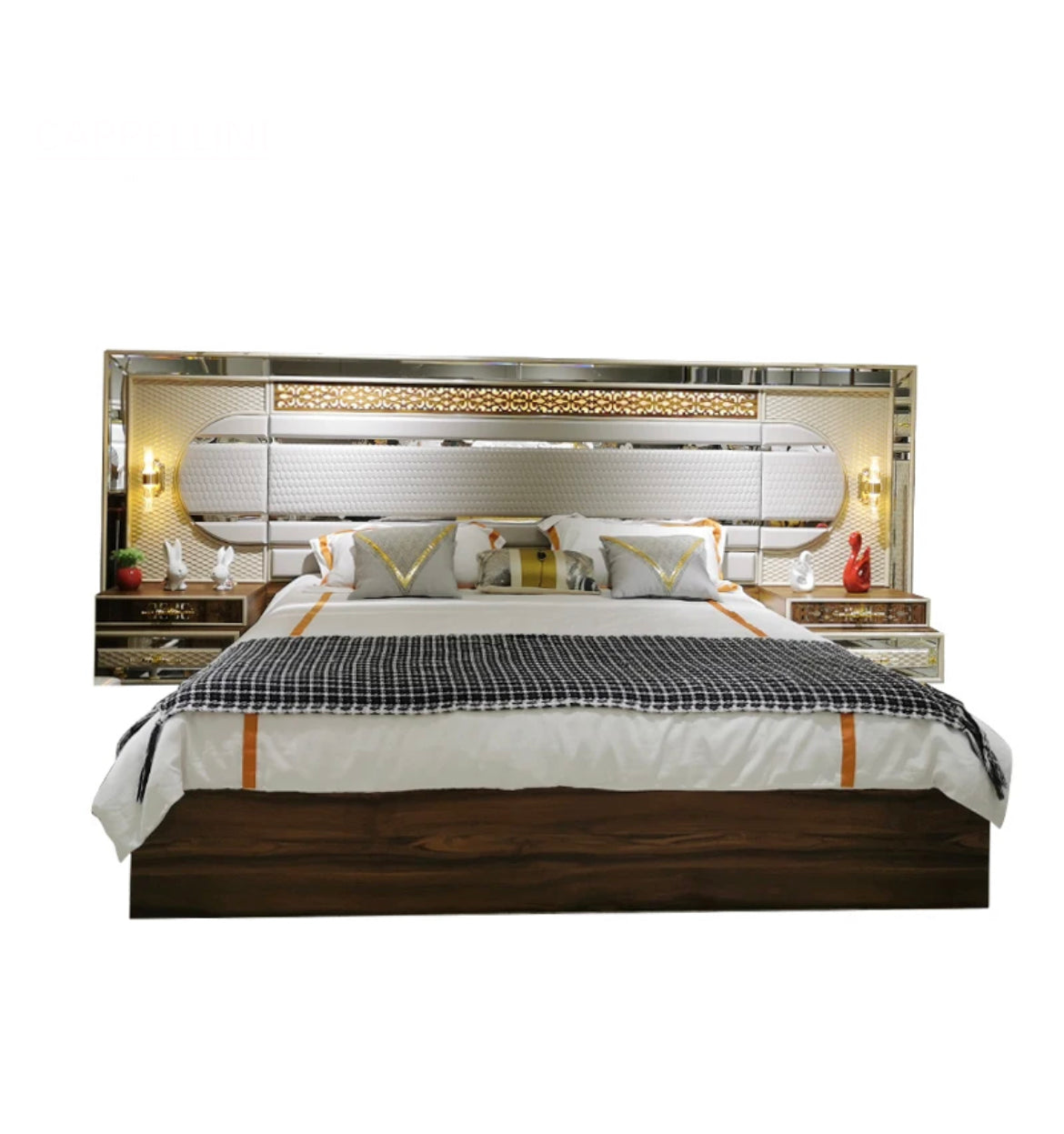 Home Furniture Mirrored Headboard Bedroom Set Solid Wood King Size Luxurious Bedroom Furniture Sets