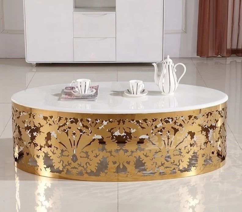 Coffee Table Marble Oval Hollow Carved Plated Gold Luxury Retro Tea Table