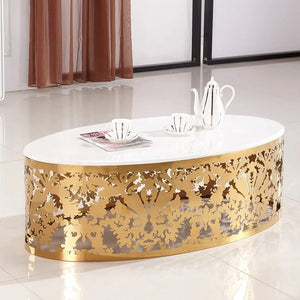 Coffee Table Marble Oval Hollow Carved Plated Gold Luxury Retro Tea Table