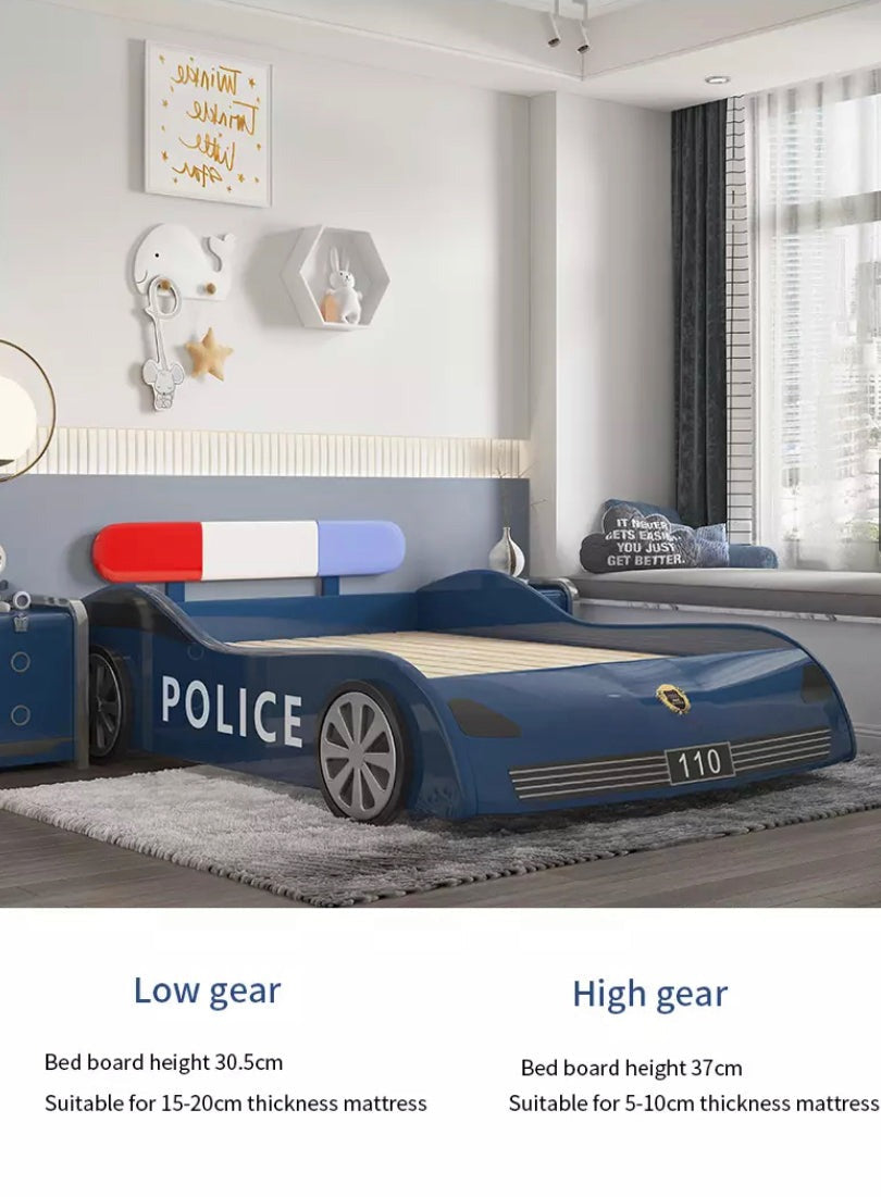 Kids Beds Set Blue Police Car Shape Children's Beds Twin Size Solid Wood Kinder Car Bett