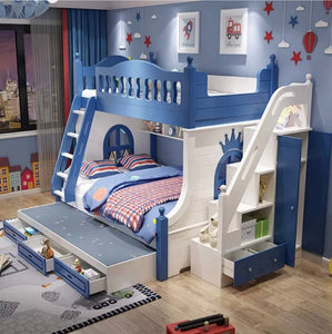 Kids Beds Modern Wooden Frame Bunk Kinder Bett With Slide Bookshelf Stair Drawers Children Bedroom Furniture