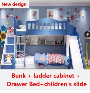 Kids Beds Modern Wooden Frame Bunk Kinder Bett With Slide Bookshelf Stair Drawers Children Bedroom Furniture