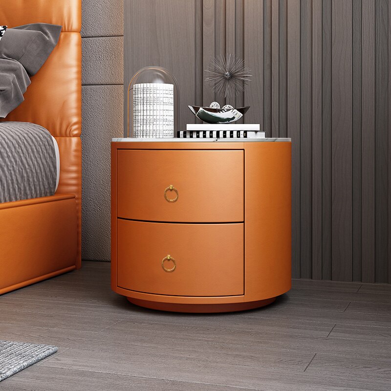 Bedside Cabinets Leather Italian Light Round Nightstand Rock Tempered Storage Bedroom Furniture