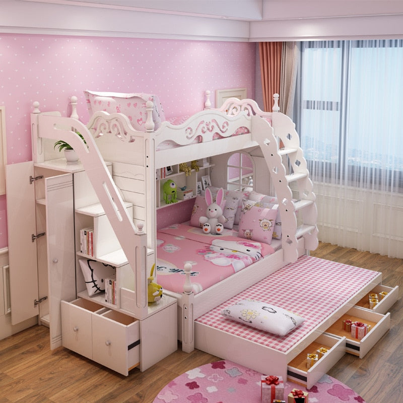 Kids Bed Cabinet Wood Bunk Bed Ladder Cabinet Slider Girl Bed